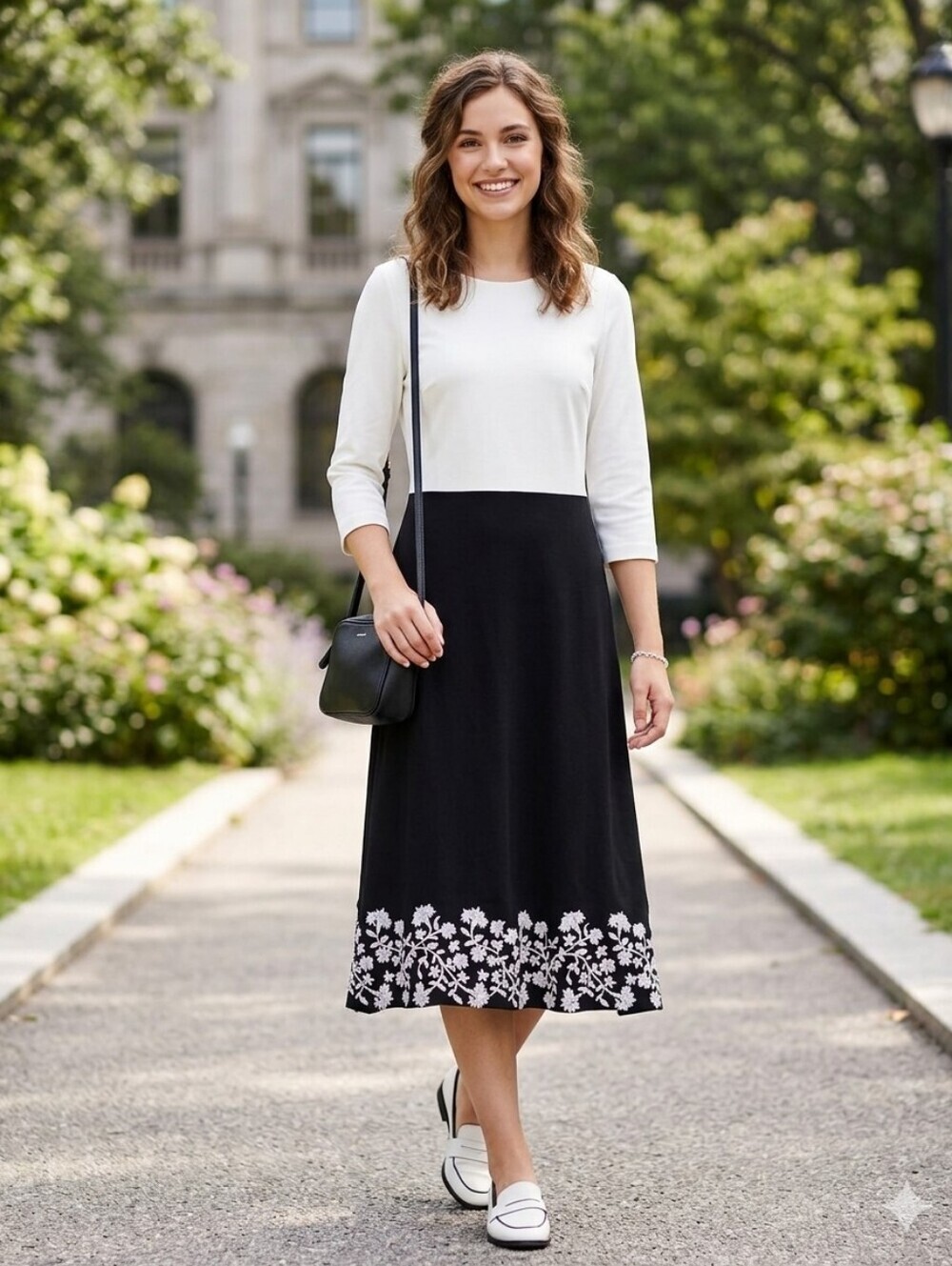 J. Jill Black and White Floral-Hem Midi Skirt Dress